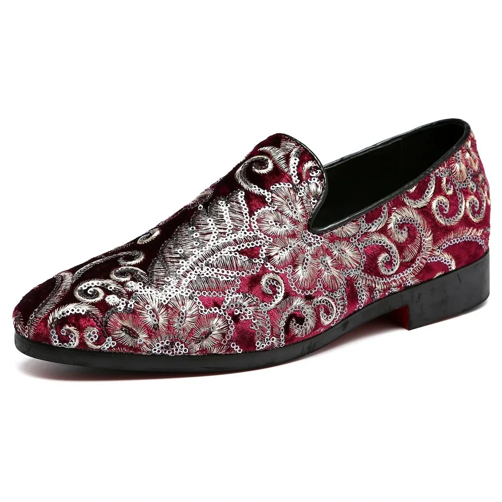 Santimon‎ Men's US 12 Red Velvet Silver Stitching Smoking Loafers Dress Shoes